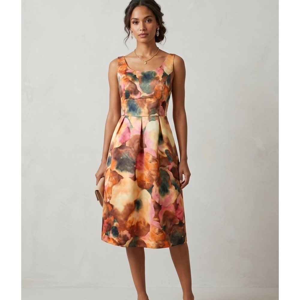 Merona‎ 2 Watercolor Floral Fit & Flare Satin Dress Pleated Sleeveless Retro